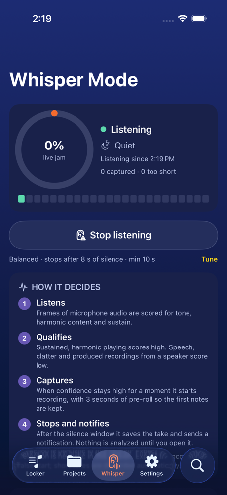 Whisper Mode control screen